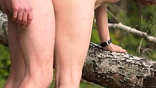 Outdoor anal creampie blowjob with perfect body brunette couple in public