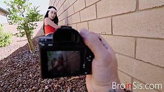 petite brunette stepsis poses naked for outdoor photoshoot with skinny body and small tits