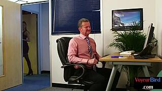 Cfnm Voyeur Encourages Jerker In Duo While Teasing Body With British Brunette Babe In Heels Lingerie Stockings And Panties