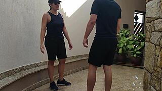 hey, that muscular brazilian sapatão had to give it up to her work buddy after betting palmeiras would win the world championship.