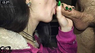 Isn't the girl in purple pajamas teasing with her blowjob skills before swallowing cum in the dorm?