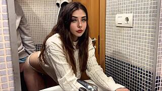 What happens when a cute horny petite teen with natural tits gets a cumshot from her boss in the bathroom?