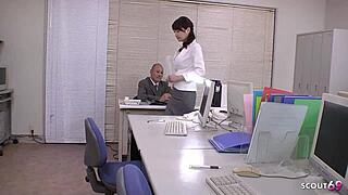 japanese petite secretary with small tits and bushy pussy gets uncensored creampie at office