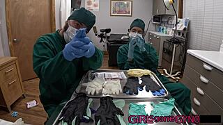 doctor aria nicole & doctor tampa trying on gloves in this backstage close-up at the florida hospital.