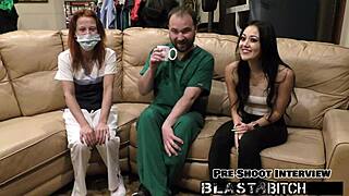Blaire Celeste as nurse in gloves sucks cock then gets missionary fucked with cum blast