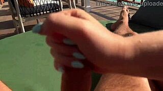 hey this hot babe's giving a fast sloppy handjob on the terrace overlooking the ocean 😏