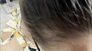 Oh man, giving a sloppy blowjob to my stepson's muscular friend with that monster cock. So humiliating yet hot! 😈