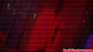 Amsterdam prostitute in lingerie and stockings gets cum on natural tits after blowjob