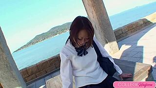 Naughty schoolgirl Chisa Miyamae enjoys outdoor time with her boyfriend in the woods.