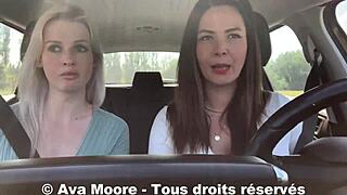 A lucky French guy gets his first outdoor blowjob from two European brunettes and blondes in public