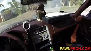 bimbo pawns her ugly car at shop then gets horny blackmailed into blowjob and pussy fucking in reality group scene