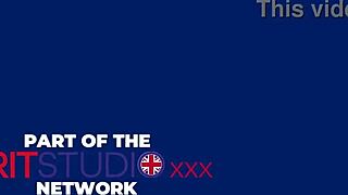 Stunning British girl with big tits and curly hair fucks herself with a toy until she cums