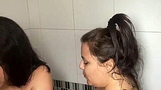 Stepsisters Alone Record Hot Lesbian Shower Video for Stepfather with Licking Action