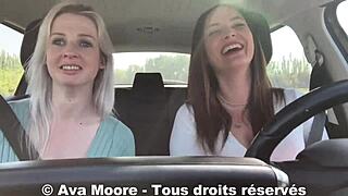 A lucky French guy gets his first outdoor blowjob from two European brunettes and blondes in public