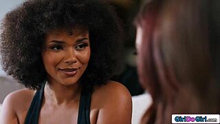 i'm in this dorm where lesbian roommates with big tits end up licking and fingering the shaved pussy of a redhead milf psychic in an interracial group session