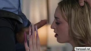 isn't this lucky dude loving bareback fucking that horny blonde shemale's tight ass deep and raw?