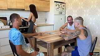 hey, hubby shares his wife with buddies. they bang her rough on the kitchen table, ending in creampie 😈