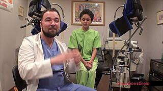 The problematic patient Sandra Chappelle spreads legs in latex gloves backstage. Curly Latina with small tits teases as patient.