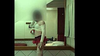 crossdresser de fantasia appeared as colegial aluna in sexy cosplay uniform with shemale prostitute elements