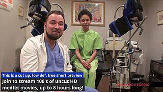 The problematic patient Sandra Chappelle spreads legs in latex gloves backstage. Curly Latina with small tits teases as patient.