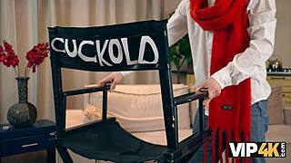 Russian Slutty Brunette Enjoys Double Penetration in Front of Watching Hubby