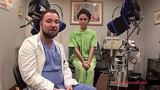 The problematic patient Sandra Chappelle spreads legs in latex gloves backstage. Curly Latina with small tits teases as patient.