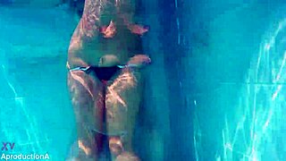 Intense Underwater Lesbian Strap On Sex with Squirting and Pussy Licking in Public Outdoor Pool