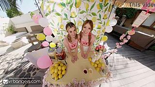 vr bangers with hot skinny babes in pink panties giving blowjob and doggystyle in ffm threesome