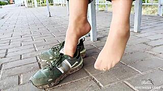 Slave, are you ready to worship my tan nylon soles and toes in blue jeans while I tease you outdoors on the bench?