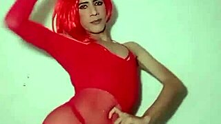 Crossdressing amateur girl in red conquers your heart through seductive actions