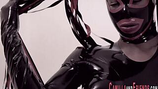 intriguing bdsm session with latex-clad latina shemale ending in cumshot
