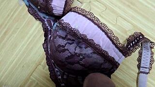 Cumshot on My Step Sisters Pink Leopard Print Bra with Black Lingerie!