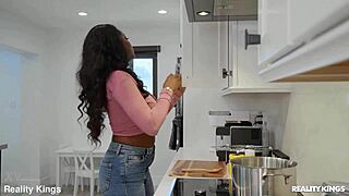 uh, i'm spoiling her dinner in the kitchen with pov blowjob and cowgirl riding, ya know, reality kings style
