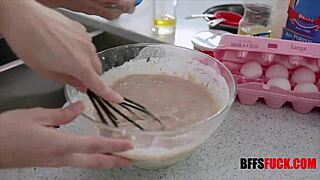 Three Hot 18+ Teens Bake Shake Big Booties Ride Master In Kitchen Gangbang!