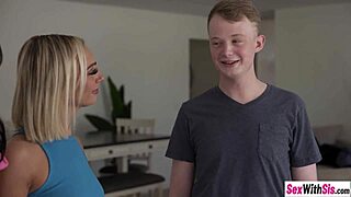 Chloe Temple and Bianca Bangs double team stepbro with blowjobs