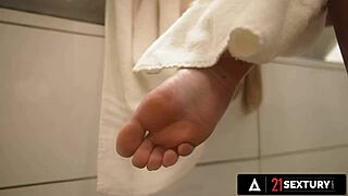 sybil's red nails tease sheer stockings footjob play 😈👣💋