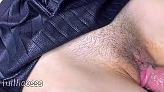 i tease my hairy asian stepdaughter's pussy close up then cum inside her