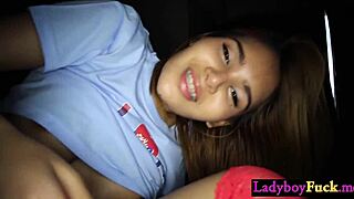 asian shemale grabs cock for handjob then anal assfucking