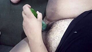 chubby whore sucks cock shoves cucumber deep hairy fat pussy
