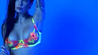 Petite Busty Milf Joanna Angel Strips Neon Lingerie Revealing Pussy