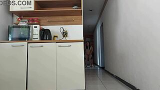 Risky kitchen fuck with friend's huge cock while hubby showers!