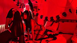 halloween lesbian party: devil nun witch scissoring kissing toys!