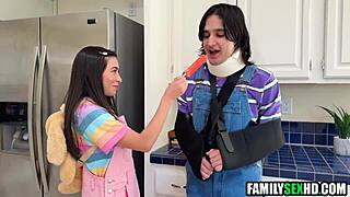 stepsis tends injured bro and stepdad big tits handjob 😈