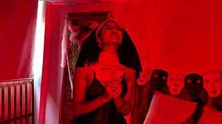 halloween lesbian party: devil nun witch scissoring kissing toys!