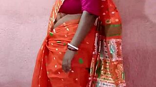 Chubby indian brunette wears saree casually