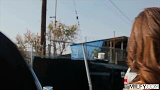 fit milf justine. young stud pounds her in classic car ride!