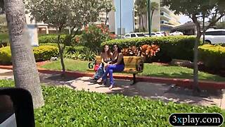 Two busty brunettes FLASH big tits OUTDOORS for quick cash