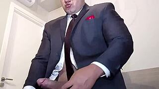 Yuri gaúcho bodybuilder boss flashes hairy pits for massive cumshot handjob