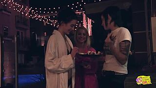 three women kiss finger lick pussies on bed using strap-on toys small tits group lesbian