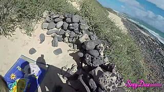 Naughty tanned babe strips on beach then takes monster cock doggystyle pov with cum on ass.